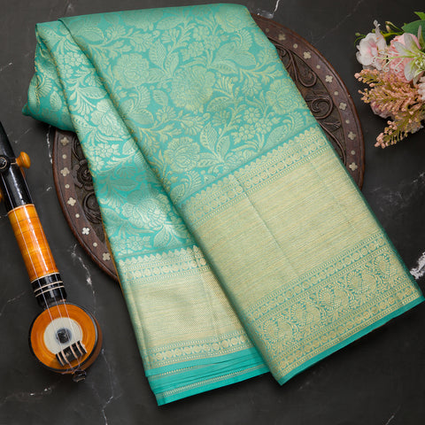 Dark Sky Blue Kanjeevaram Brocade Silk Saree