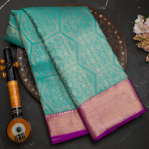 Dark Sky Blue Kanjeevaram Brocade Silk Saree