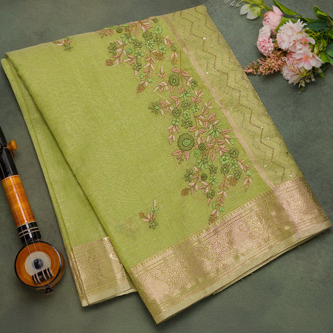 Dark Pista Green Linen Cotton Saree