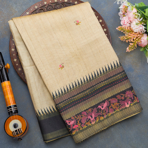 Ivory Printed Semi Raw Silk Saree