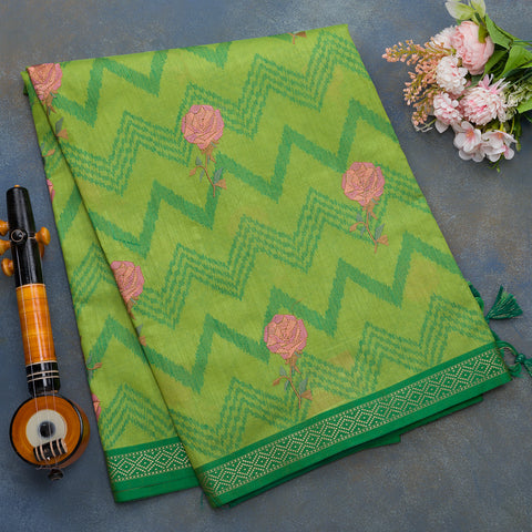 Parrot Green Semi Raw Silk Saree