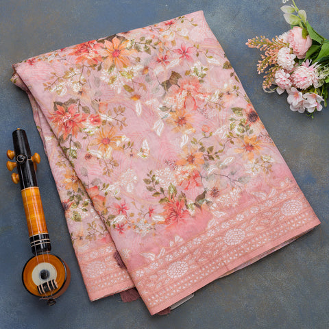 Light Peach Printed Organza Saree